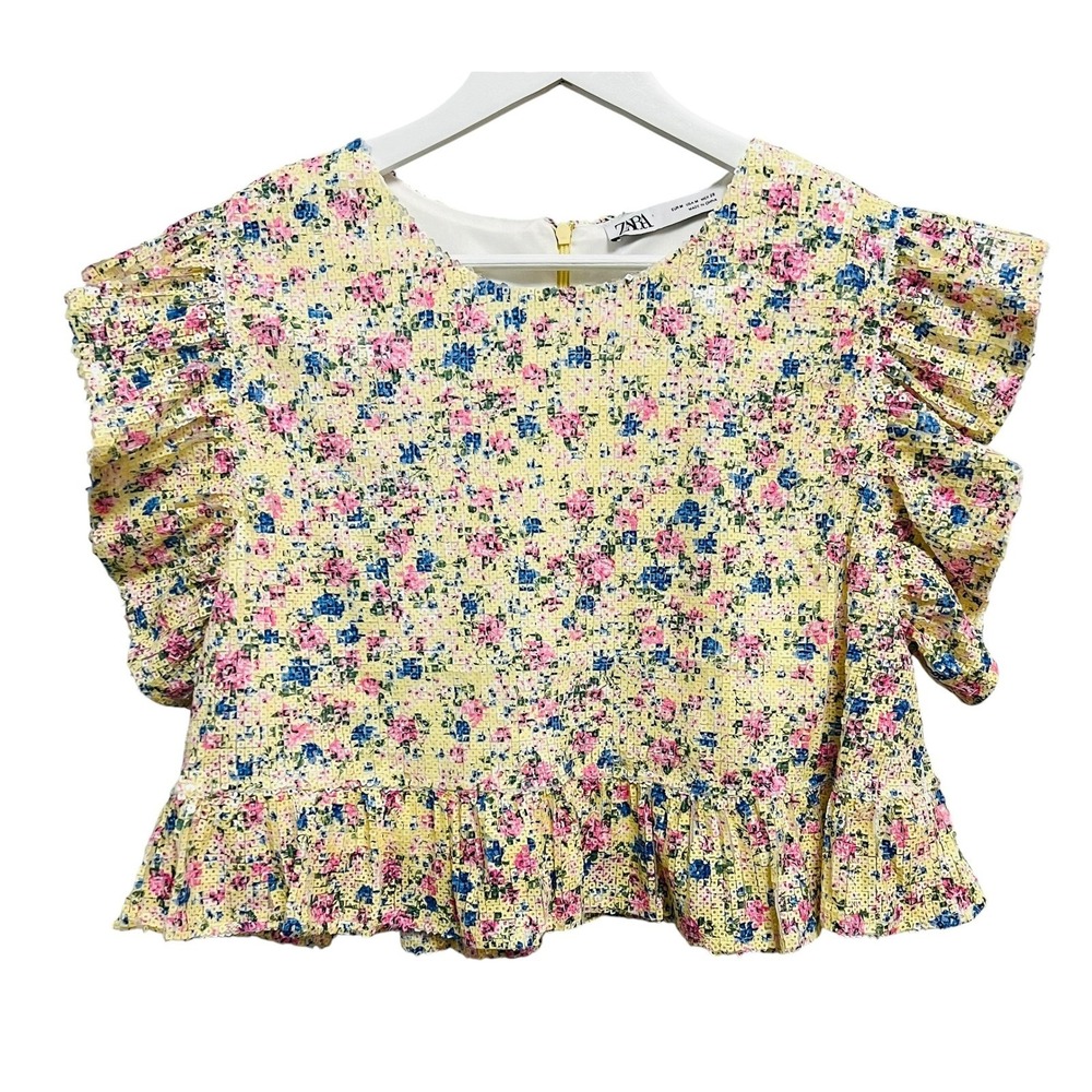 Zara Floral Sequin Ruffle Top Womens Medium Yellow Pink Peplum Cropped Coquette